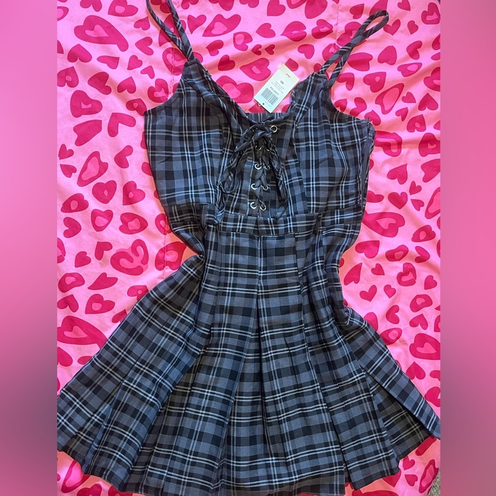 Black Plaid Lace-Up Dress